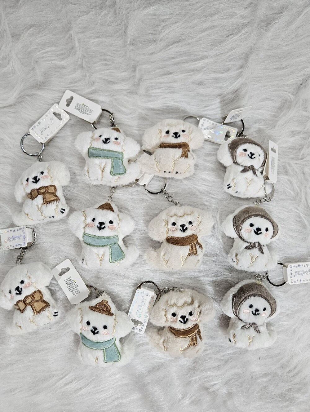 NWT Cute Plush Dog Bag Charms/Keychain - White with Mint Brown Sold Individually